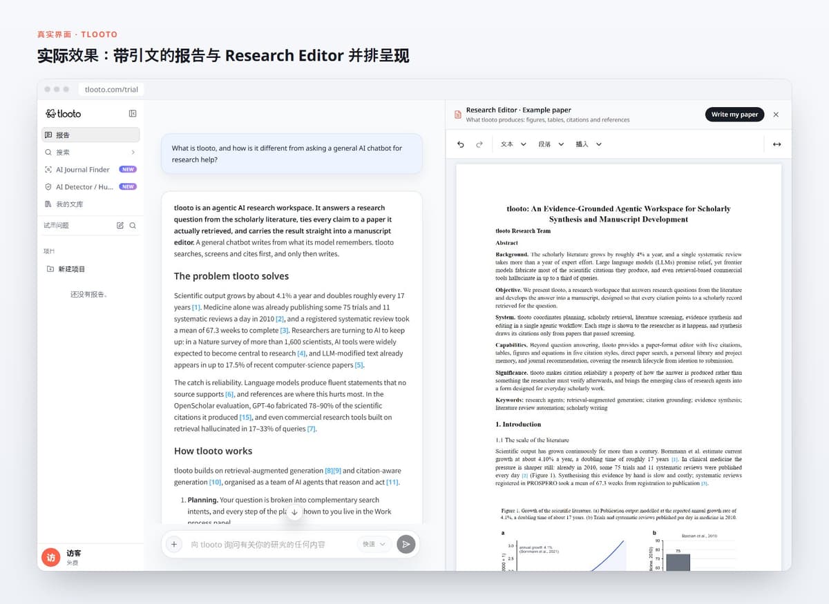 实际效果：带引文的报告与 Research Editor 并排呈现