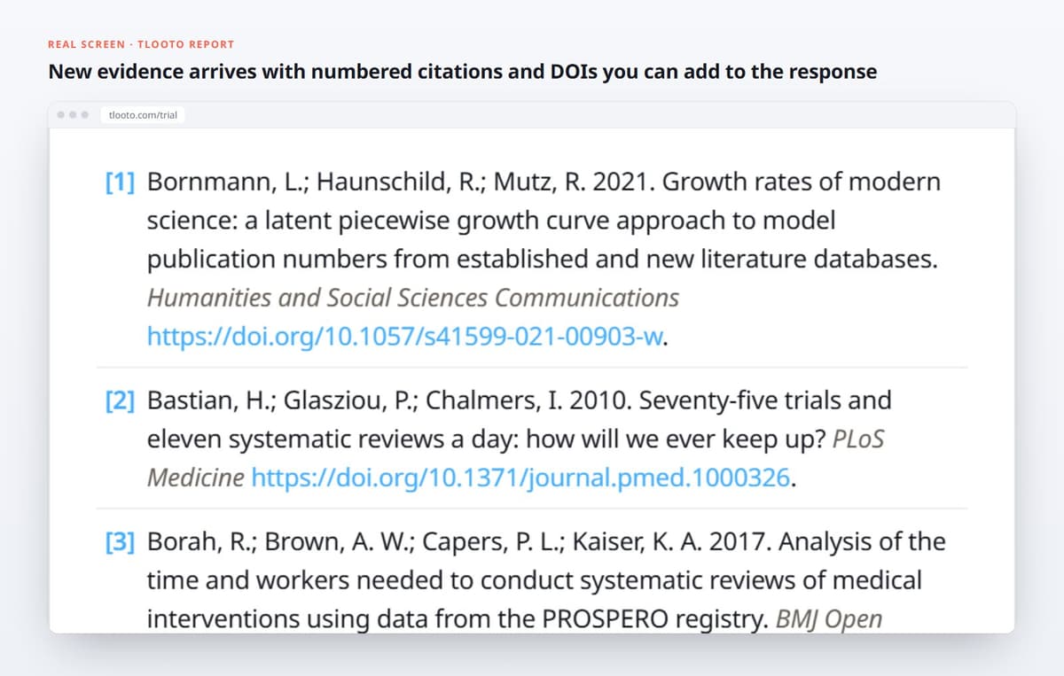 New evidence arrives with numbered citations and DOIs you can add to the response