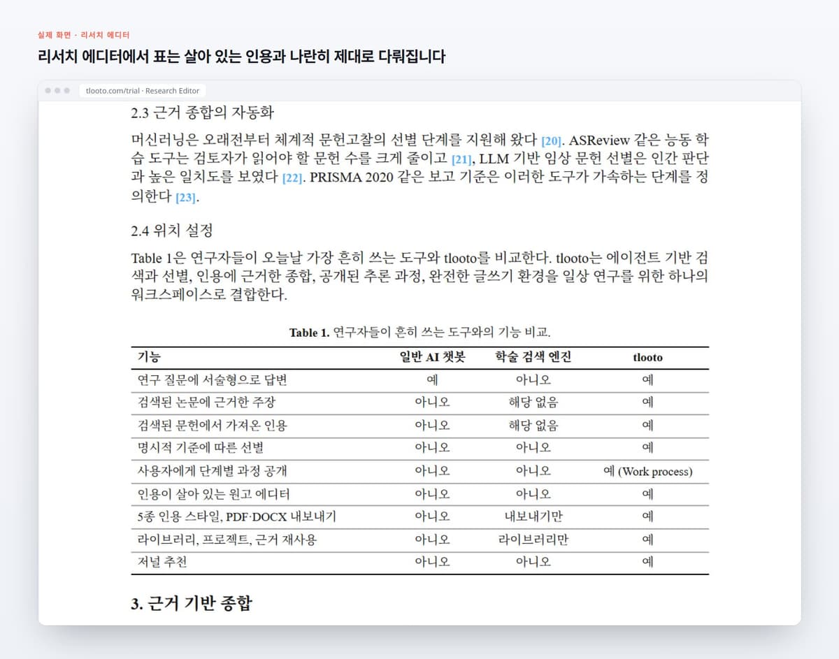 리서치 에디터에서 표는 살아 있는 인용과 나란히 제대로 다뤄집니다