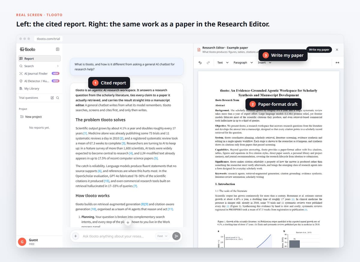 Left: the cited report. Right: the same work as a paper in the Research Editor.
