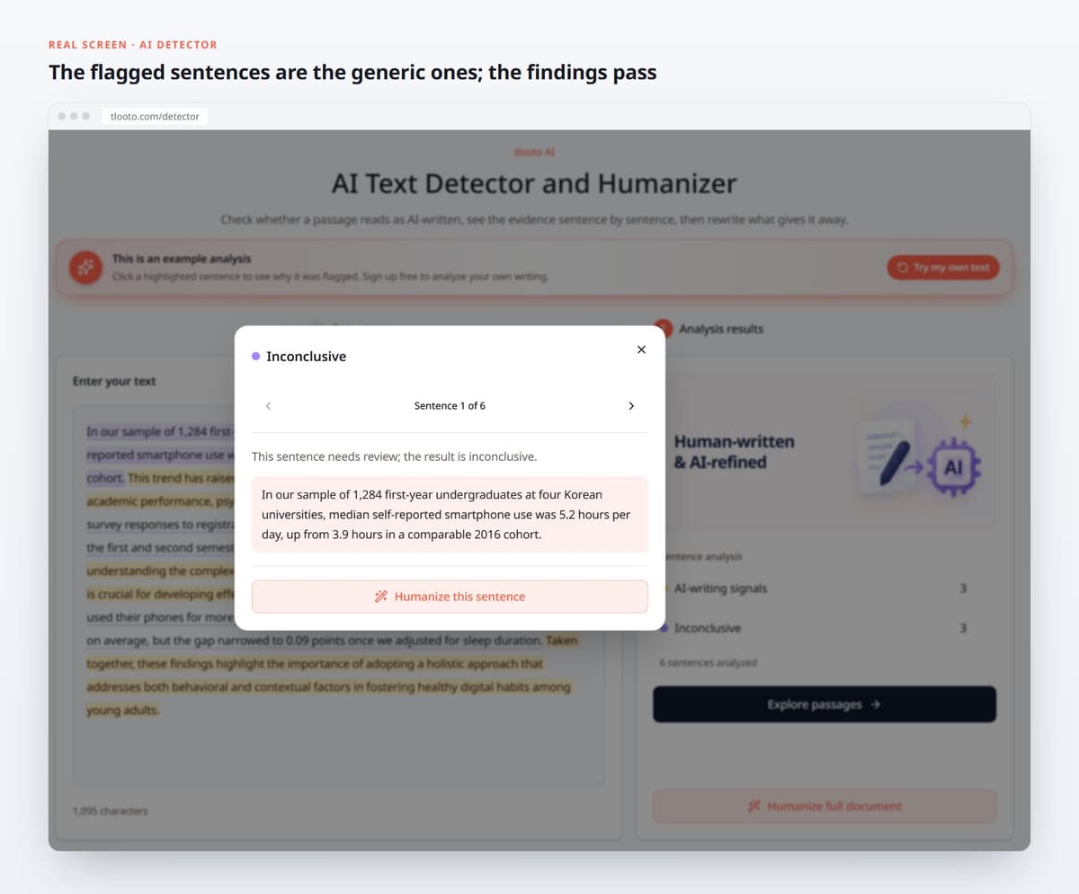 The flagged sentences are the generic ones; the findings pass