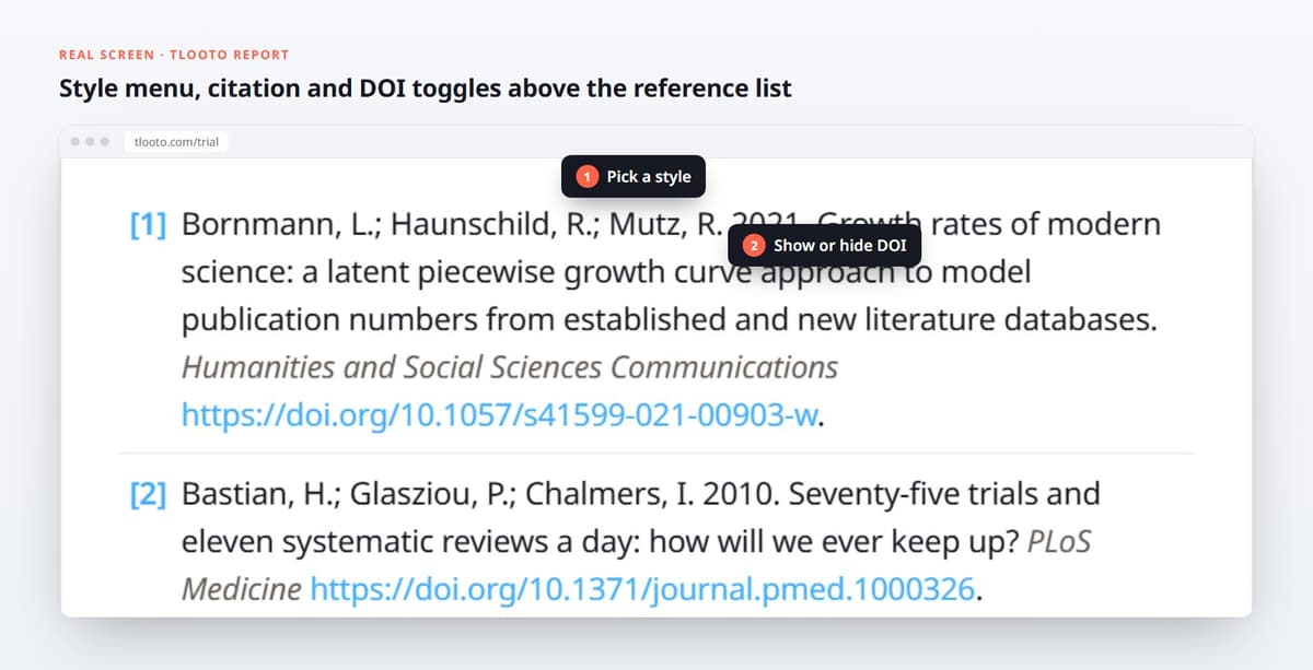 Style menu, citation and DOI toggles above the reference list