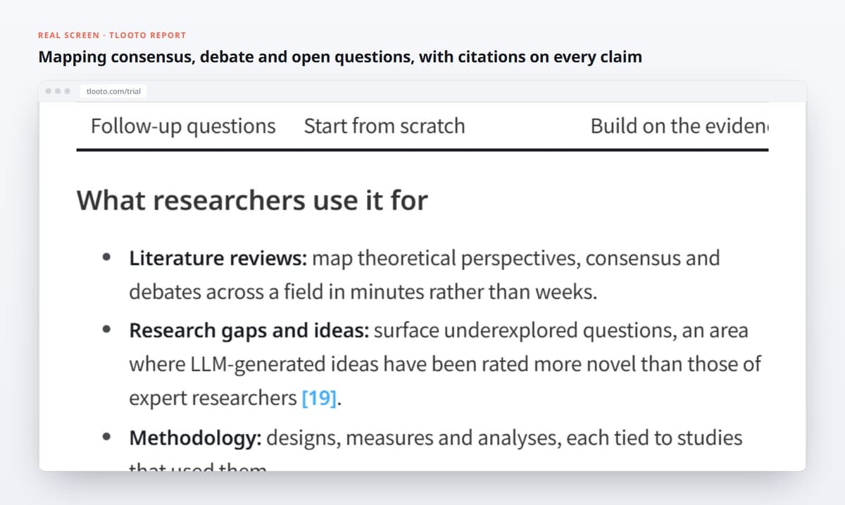 Mapping consensus, debate and open questions, with citations on every claim