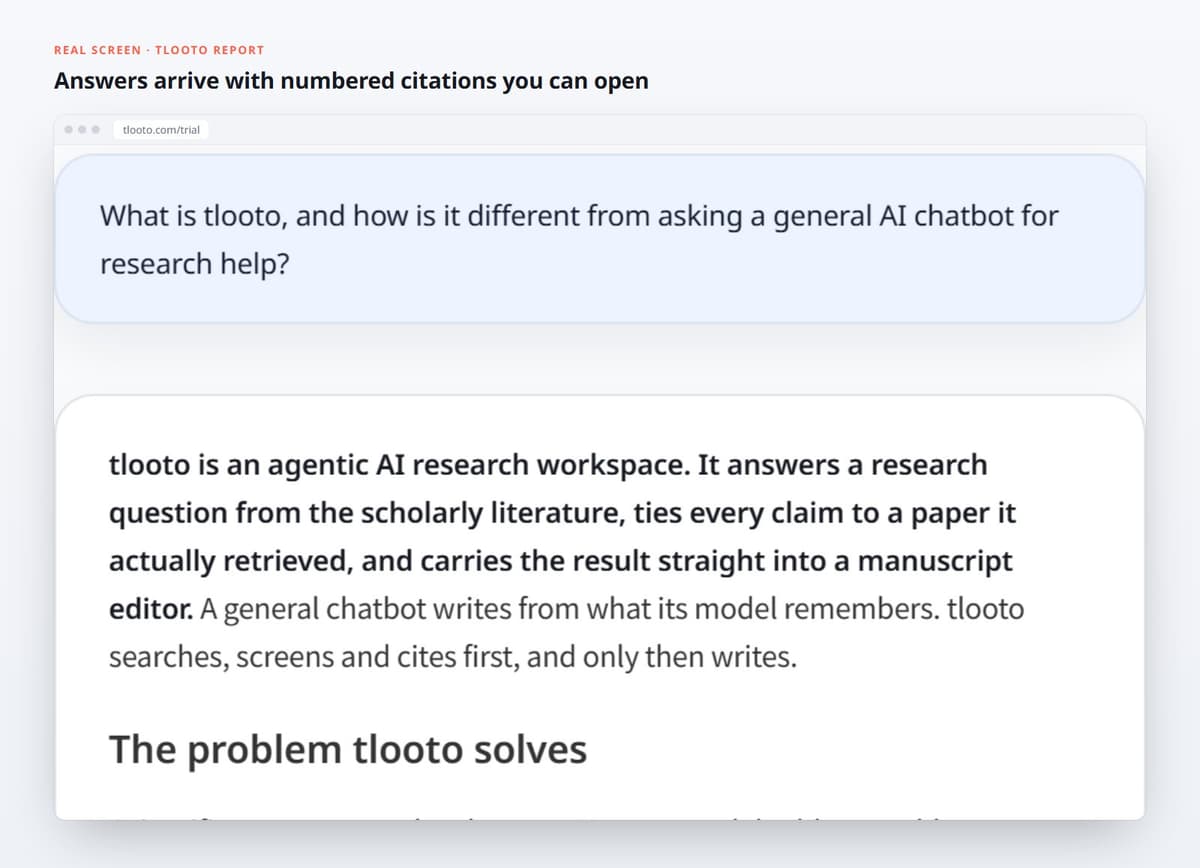Answers arrive with numbered citations you can open