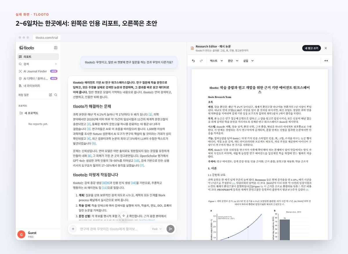 2~6일차는 한곳에서: 왼쪽은 인용 리포트, 오른쪽은 초안
