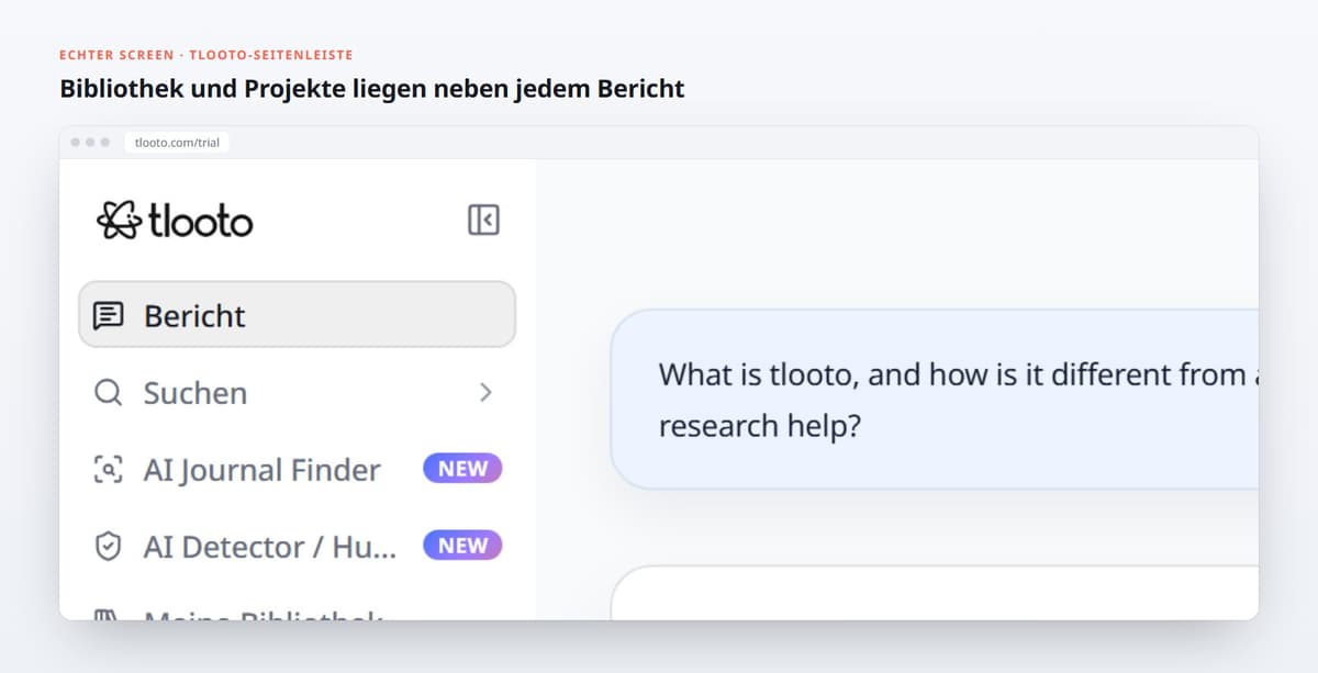 Bibliothek und Projekte liegen neben jedem Bericht