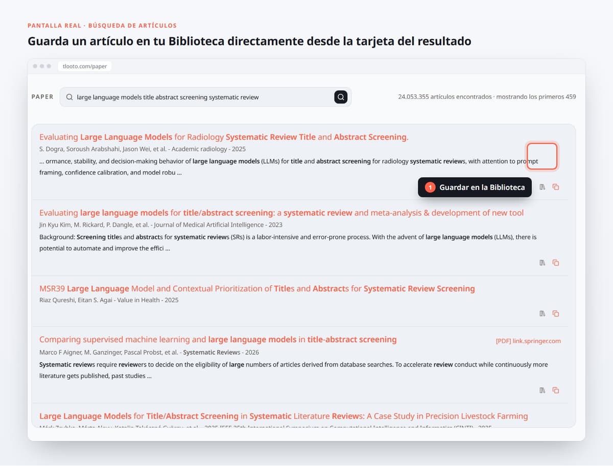 Guarda un artículo en tu Biblioteca directamente desde la tarjeta del resultado