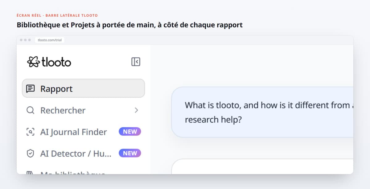 Bibliothèque et Projets à portée de main, à côté de chaque rapport