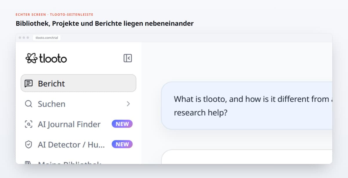 Bibliothek, Projekte und Berichte liegen nebeneinander