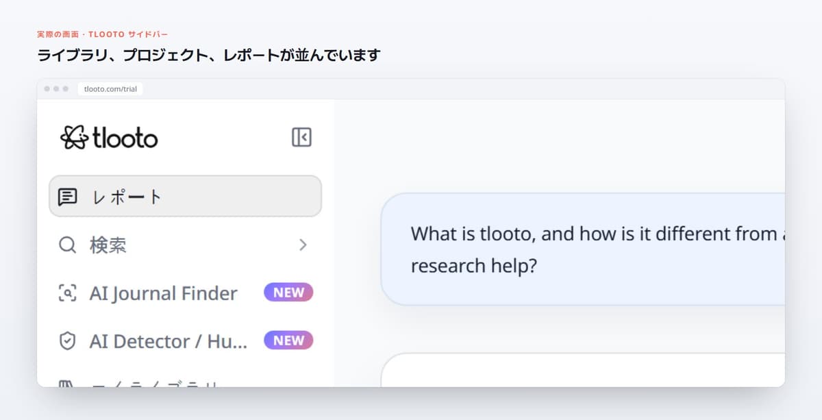 ライブラリ、プロジェクト、レポートが並んでいます