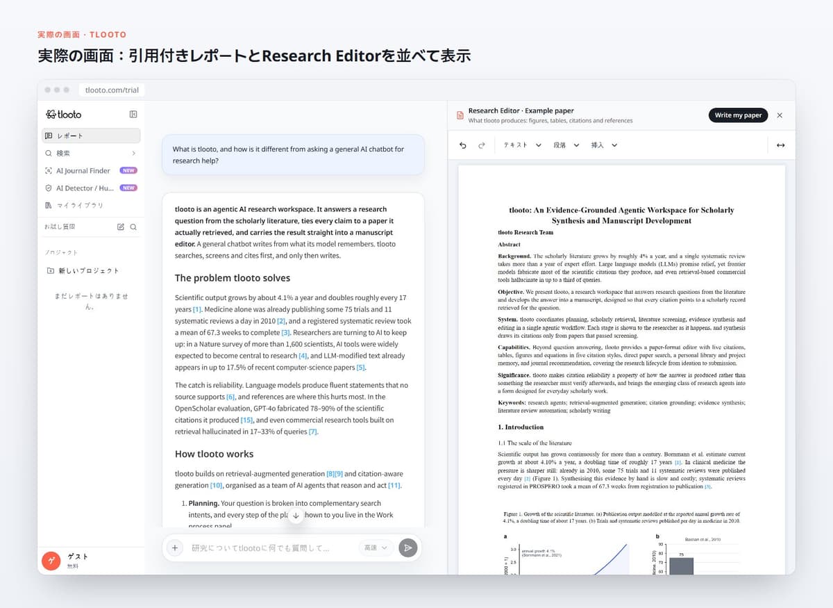 実際の画面:引用付きレポートとResearch Editorを並べて表示